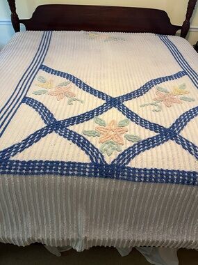Vintage lavender Classic Chenille Bedspread;Blue Lattice & Pastel Floral Accents